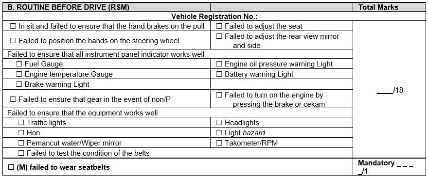 Routine Before Driving (RSM) JPJ test