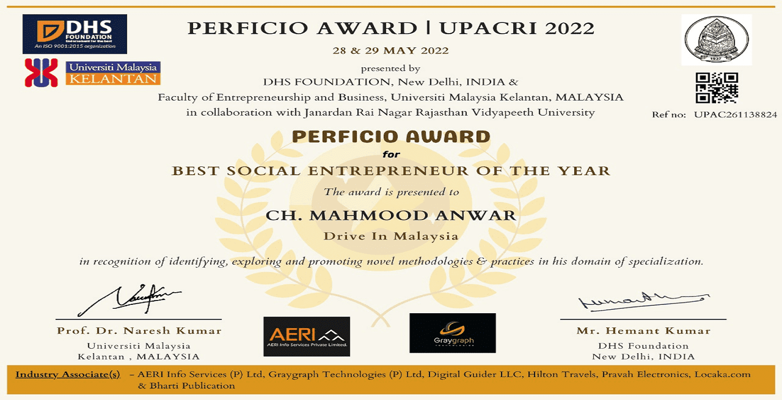 Best Social Entrepreneur of the Year 2022, Universiti Malaysia Kelantan, Janardan Rai Nagar Rajasthan Vidyapeeth University